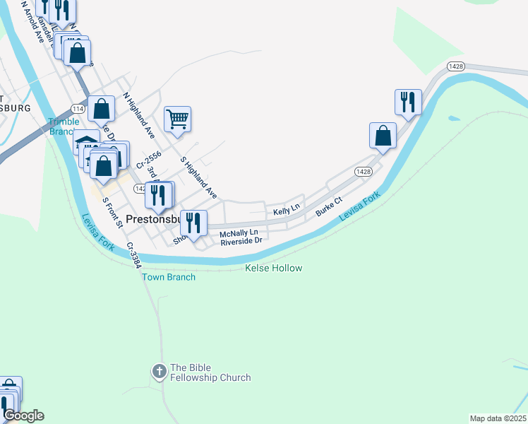 map of restaurants, bars, coffee shops, grocery stores, and more near 581 South Highland Avenue in Prestonsburg