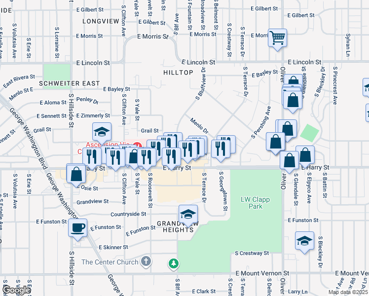 map of restaurants, bars, coffee shops, grocery stores, and more near 1420 South Bluffview Drive in Wichita
