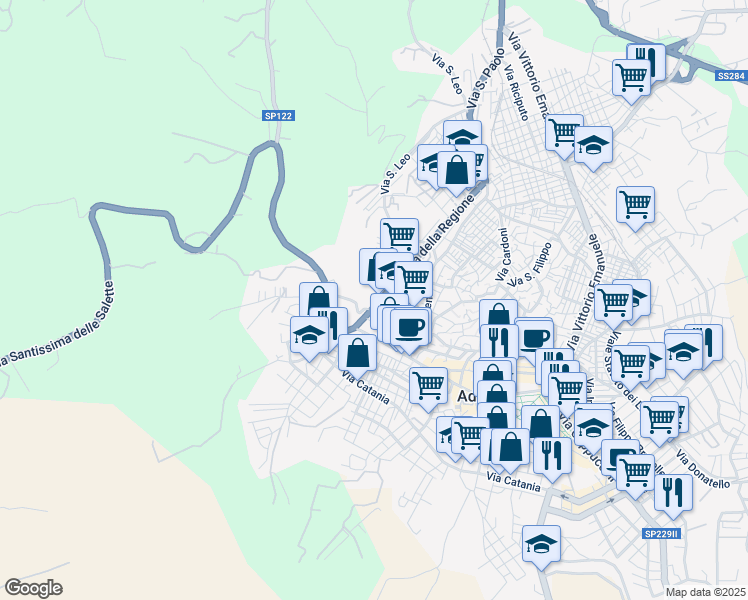 map of restaurants, bars, coffee shops, grocery stores, and more near 27 Via della Regione in Adrano