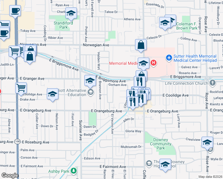map of restaurants, bars, coffee shops, grocery stores, and more near 1517 Kingfield Drive in Modesto
