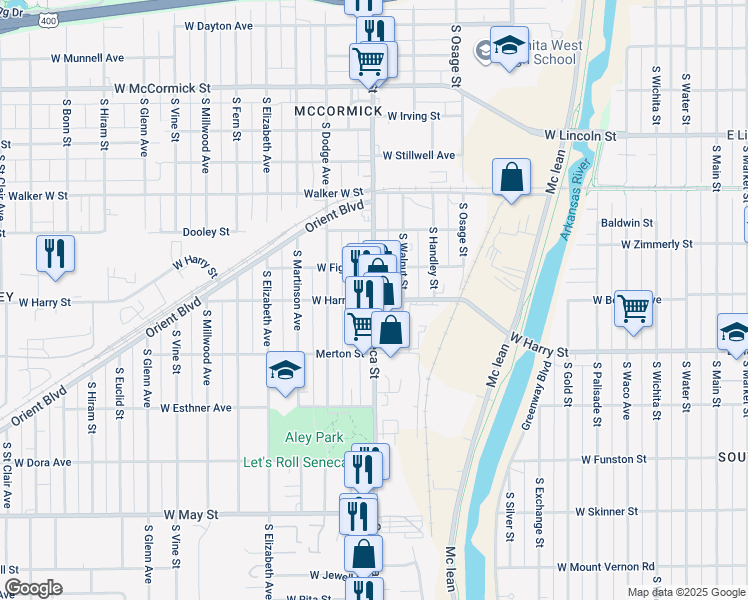 map of restaurants, bars, coffee shops, grocery stores, and more near S Seneca St & W Harry St in Wichita