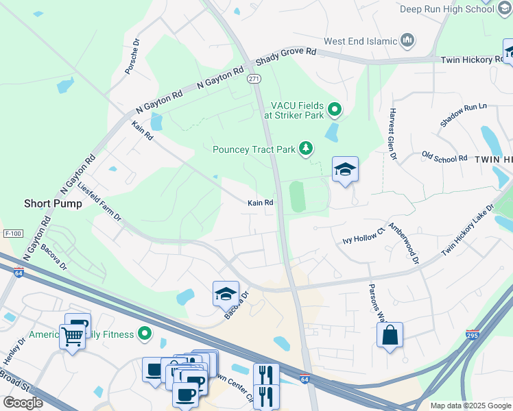 map of restaurants, bars, coffee shops, grocery stores, and more near 12139 Kain Road in Glen Allen
