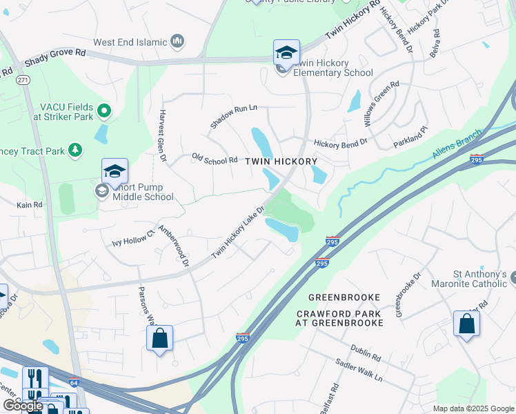 map of restaurants, bars, coffee shops, grocery stores, and more near 4690 Twin Hickory Lake Drive in Glen Allen