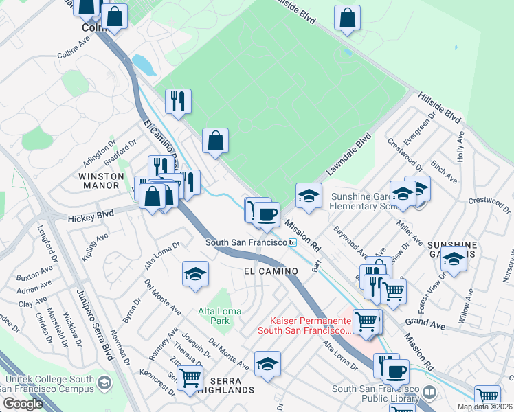 map of restaurants, bars, coffee shops, grocery stores, and more near 1345 Mission Road in South San Francisco