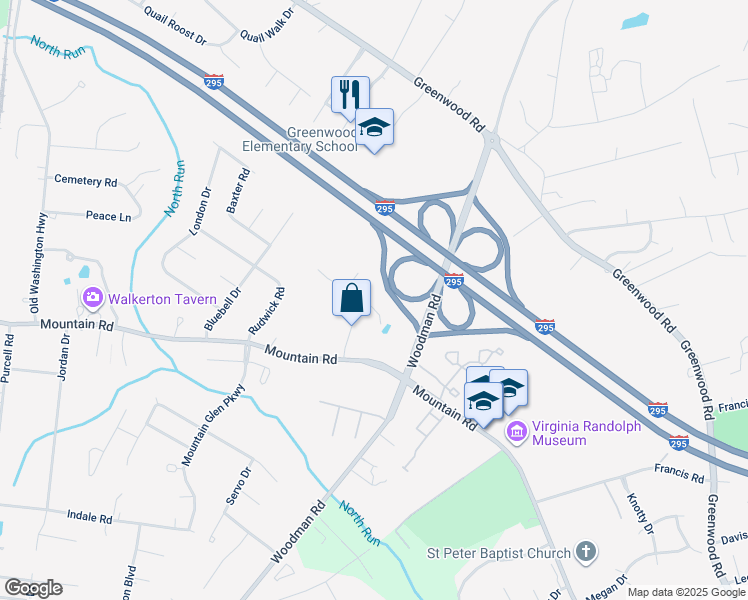 map of restaurants, bars, coffee shops, grocery stores, and more near 2520 Forget Me Not Lane in Glen Allen