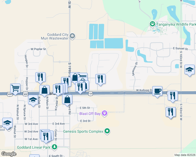 map of restaurants, bars, coffee shops, grocery stores, and more near 19874-19894 West Kellogg Drive in Goddard