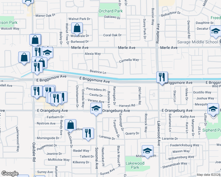 map of restaurants, bars, coffee shops, grocery stores, and more near 2629 Stoneridge Drive in Modesto