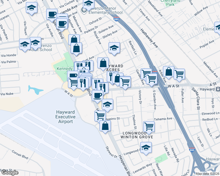 map of restaurants, bars, coffee shops, grocery stores, and more near 823 A Street in Hayward