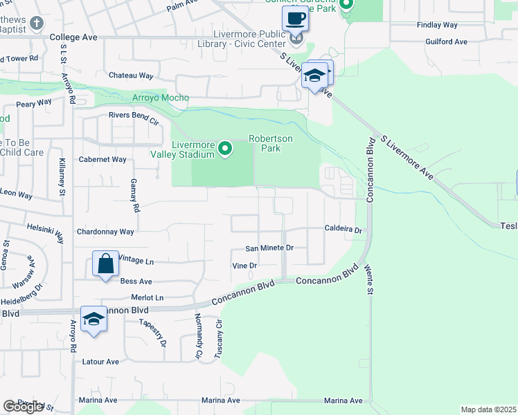 map of restaurants, bars, coffee shops, grocery stores, and more near San Felice Drive in Livermore