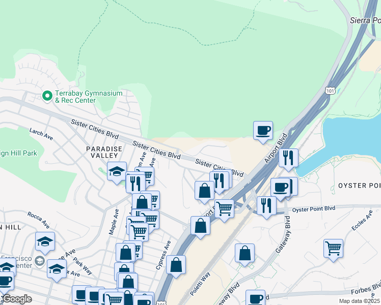 map of restaurants, bars, coffee shops, grocery stores, and more near in South San Francisco