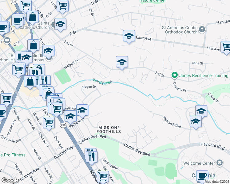 map of restaurants, bars, coffee shops, grocery stores, and more near 1332 Highland Boulevard in Hayward