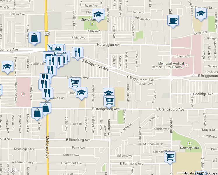 map of restaurants, bars, coffee shops, grocery stores, and more near 608 East Granger Avenue in Modesto