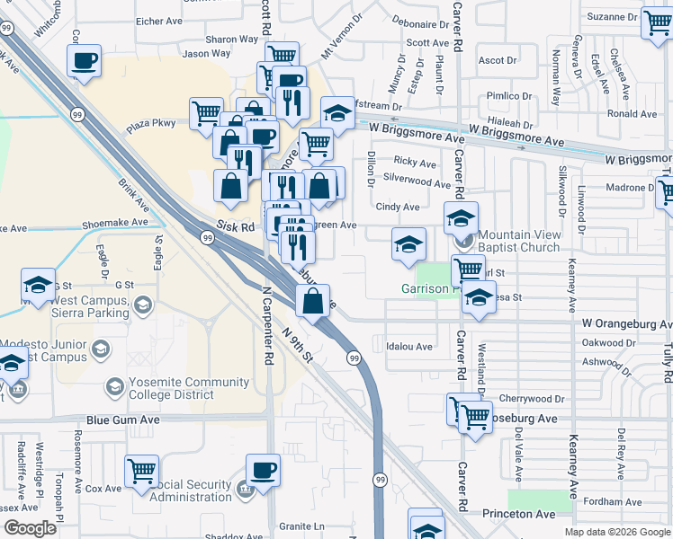 map of restaurants, bars, coffee shops, grocery stores, and more near 1916 Nutmeg Court in Modesto