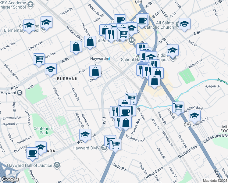 map of restaurants, bars, coffee shops, grocery stores, and more near in Hayward