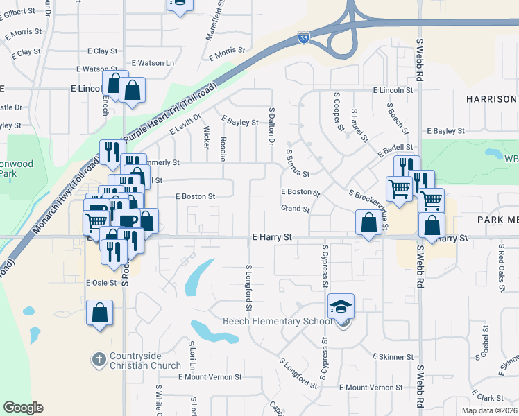 map of restaurants, bars, coffee shops, grocery stores, and more near 1170 South Longford Court in Wichita