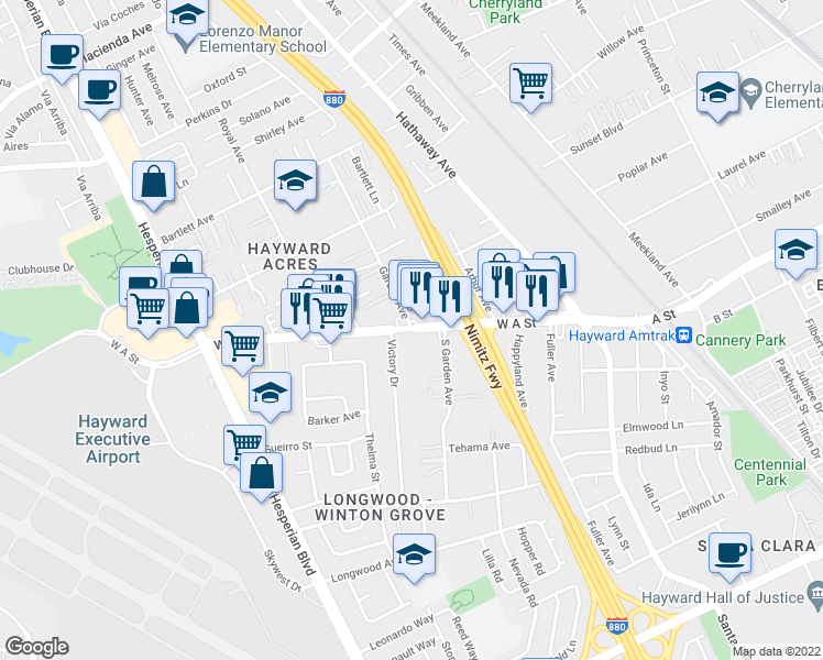 map of restaurants, bars, coffee shops, grocery stores, and more near W A St & Garden Ave in Hayward