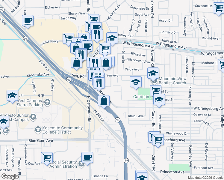 map of restaurants, bars, coffee shops, grocery stores, and more near 1916 Nutmeg Court in Modesto