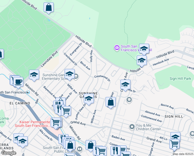 map of restaurants, bars, coffee shops, grocery stores, and more near 399 Forest View Drive in South San Francisco