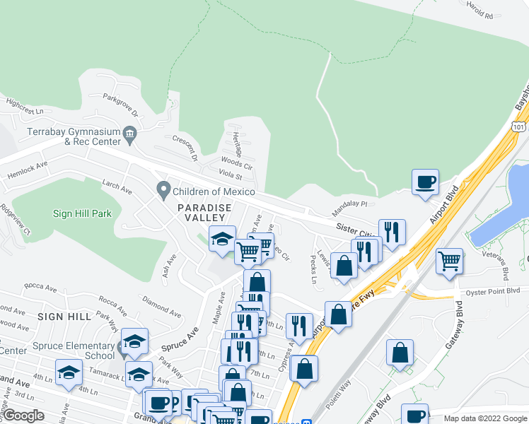 map of restaurants, bars, coffee shops, grocery stores, and more near 138 Arden Avenue in South San Francisco