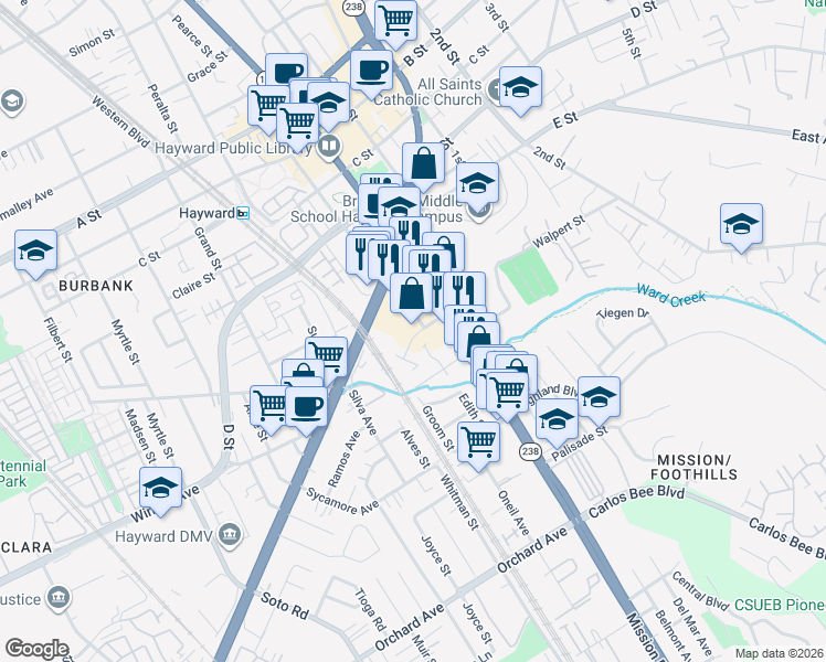map of restaurants, bars, coffee shops, grocery stores, and more near 24089 Watkins Street in Hayward