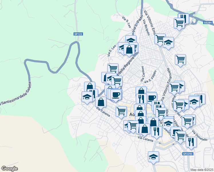 map of restaurants, bars, coffee shops, grocery stores, and more near 27 Via della Regione in Adrano