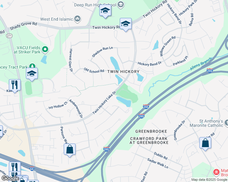 map of restaurants, bars, coffee shops, grocery stores, and more near 4682 Twin Hickory Lake Drive in Glen Allen