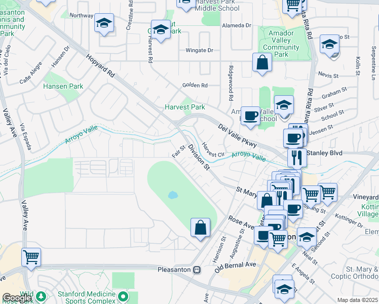 map of restaurants, bars, coffee shops, grocery stores, and more near 1029 Division Street in Pleasanton