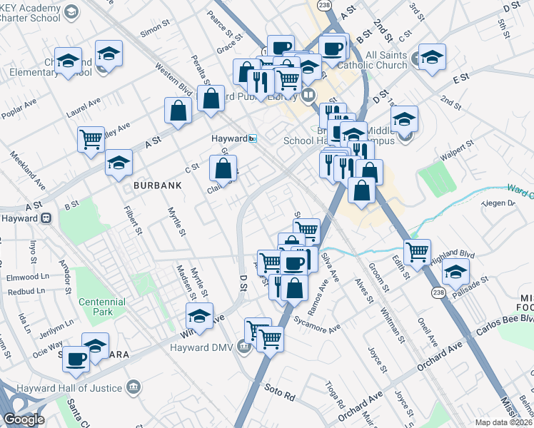 map of restaurants, bars, coffee shops, grocery stores, and more near in Hayward