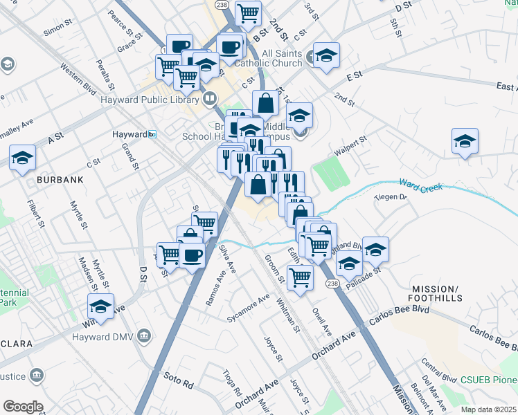 map of restaurants, bars, coffee shops, grocery stores, and more near 24089 Watkins Street in Hayward
