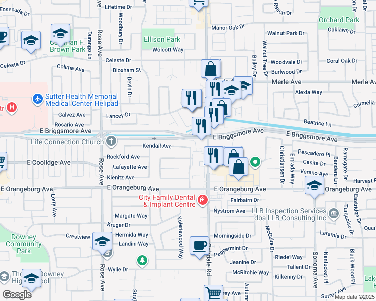 map of restaurants, bars, coffee shops, grocery stores, and more near 2036 Kendall Avenue in Modesto