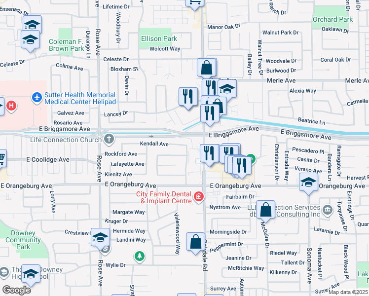 map of restaurants, bars, coffee shops, grocery stores, and more near 2036 Kendall Avenue in Modesto