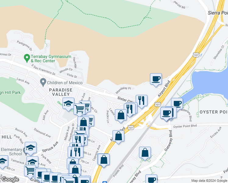 map of restaurants, bars, coffee shops, grocery stores, and more near in South San Francisco