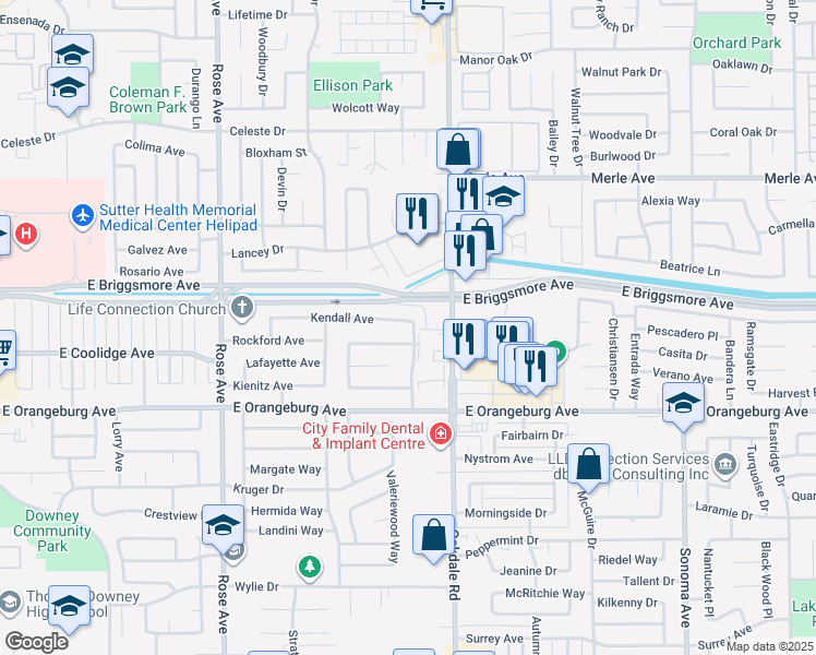 map of restaurants, bars, coffee shops, grocery stores, and more near 2036 Kendall Avenue in Modesto