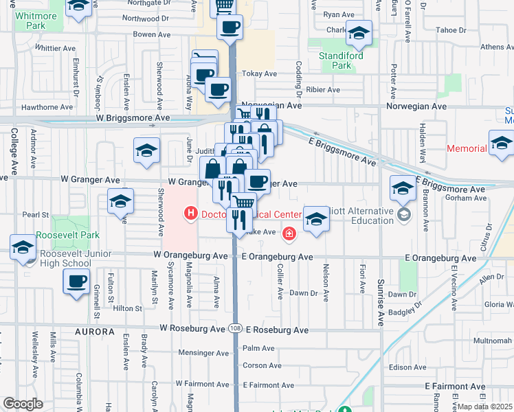 map of restaurants, bars, coffee shops, grocery stores, and more near Unnamed Road in Modesto