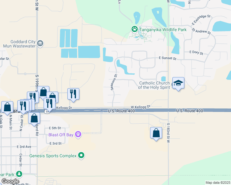 map of restaurants, bars, coffee shops, grocery stores, and more near 940 Southwind Circle in Goddard