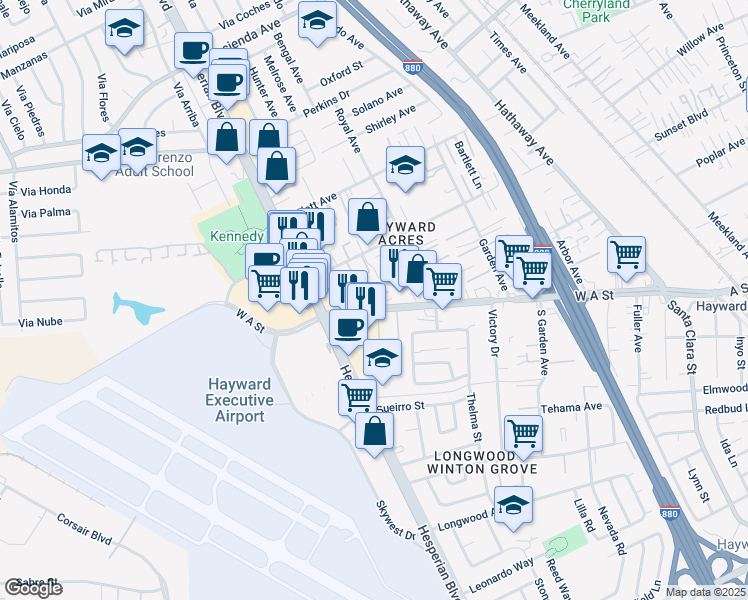 map of restaurants, bars, coffee shops, grocery stores, and more near 881 West A Street in Hayward