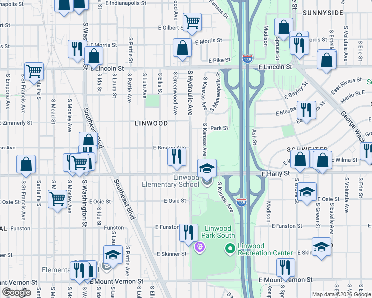 map of restaurants, bars, coffee shops, grocery stores, and more near 1444 South Hydraulic Avenue in Wichita