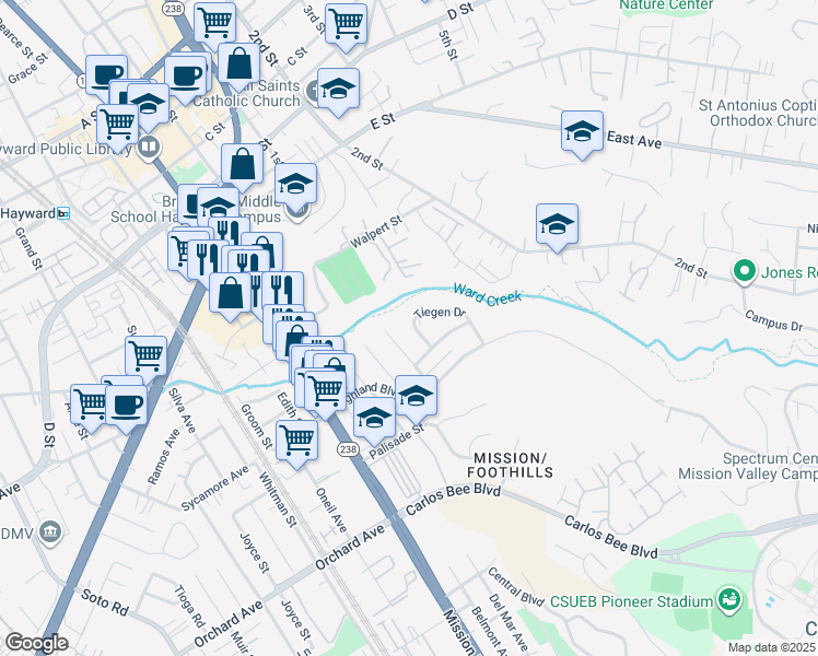map of restaurants, bars, coffee shops, grocery stores, and more near 1148 Tiegen Drive in Hayward