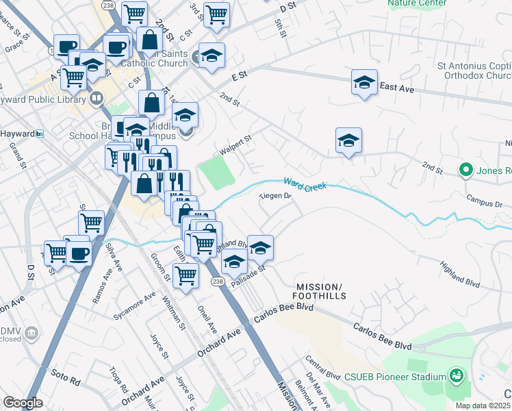 map of restaurants, bars, coffee shops, grocery stores, and more near 1148 Tiegen Drive in Hayward
