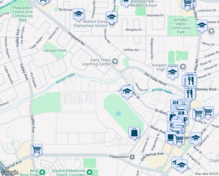 map of restaurants, bars, coffee shops, grocery stores, and more near 1308 Creek Trail Drive in Pleasanton