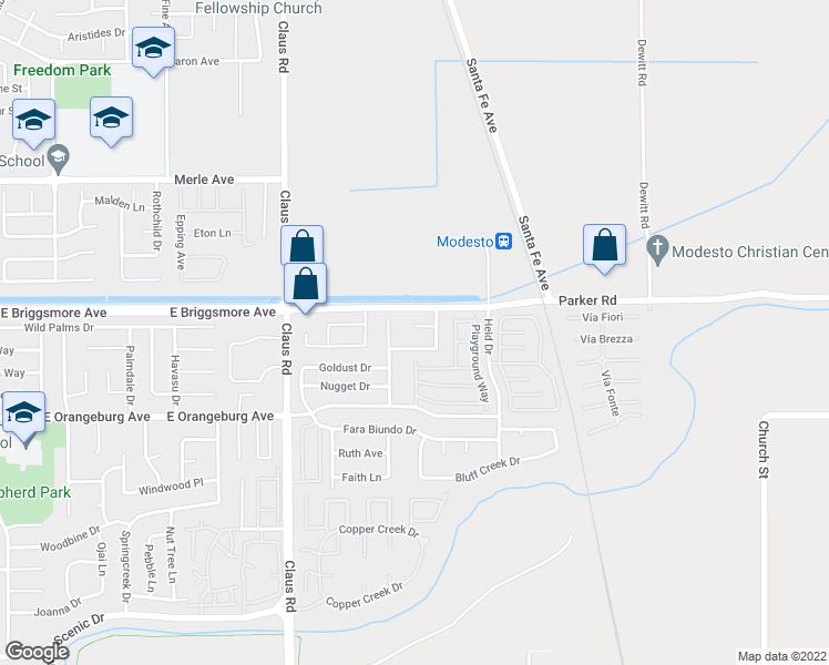 map of restaurants, bars, coffee shops, grocery stores, and more near 4304 Songbird Court in Modesto