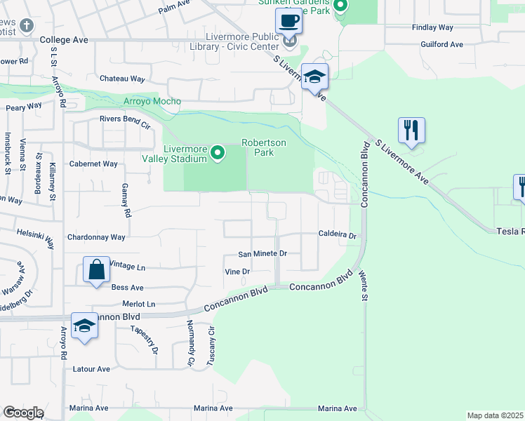 map of restaurants, bars, coffee shops, grocery stores, and more near 1830 San Felice Drive in Livermore