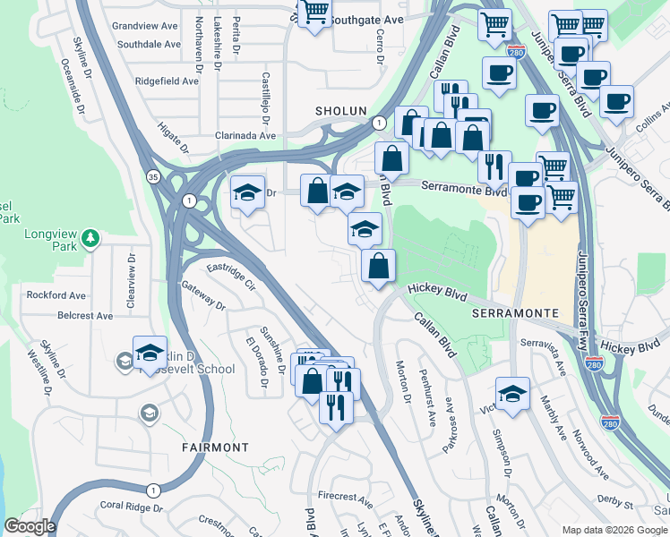 map of restaurants, bars, coffee shops, grocery stores, and more near 862 Campus Drive in Daly City