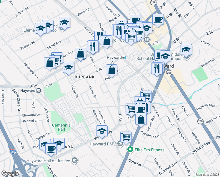 map of restaurants, bars, coffee shops, grocery stores, and more near 22844 Alice Street in Hayward