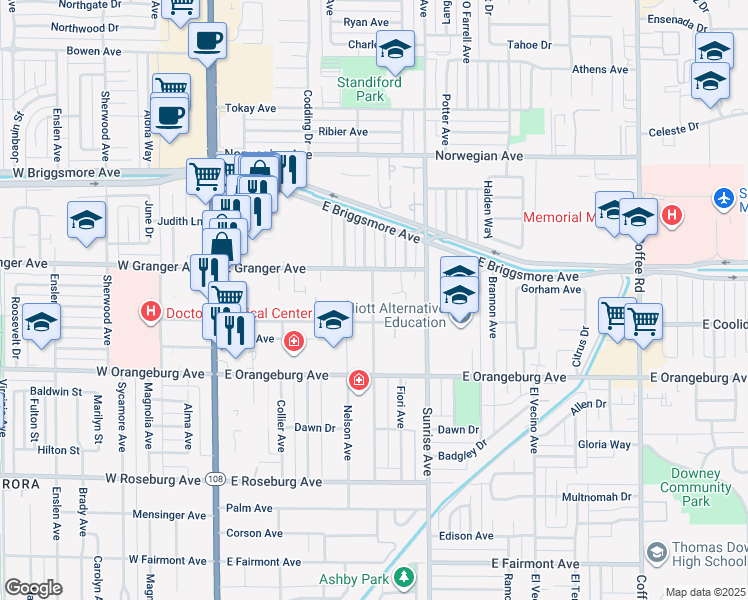 map of restaurants, bars, coffee shops, grocery stores, and more near 1528 Melrose Avenue in Modesto