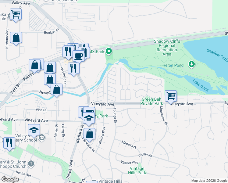 map of restaurants, bars, coffee shops, grocery stores, and more near 130 Azul Way in Pleasanton