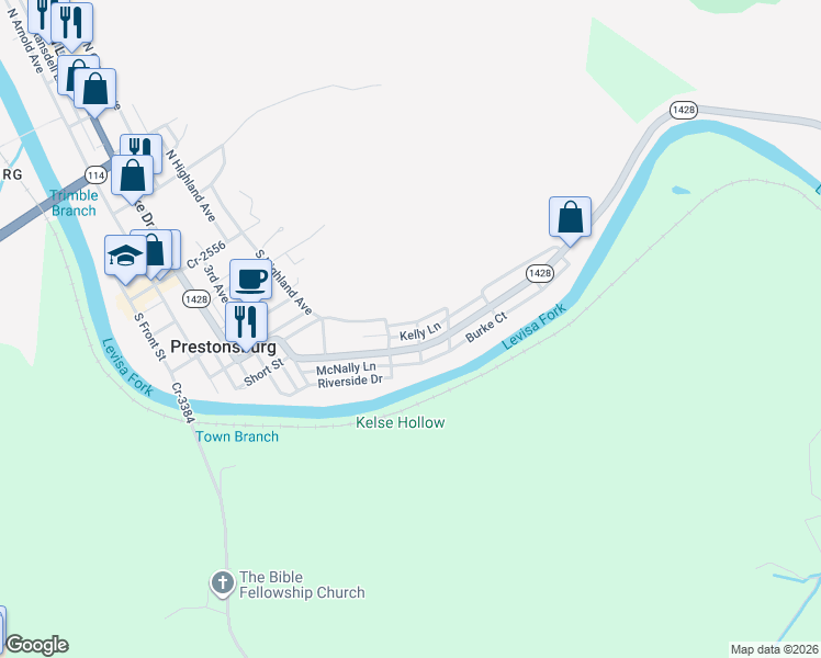 map of restaurants, bars, coffee shops, grocery stores, and more near 832 South Highland Avenue in Prestonsburg
