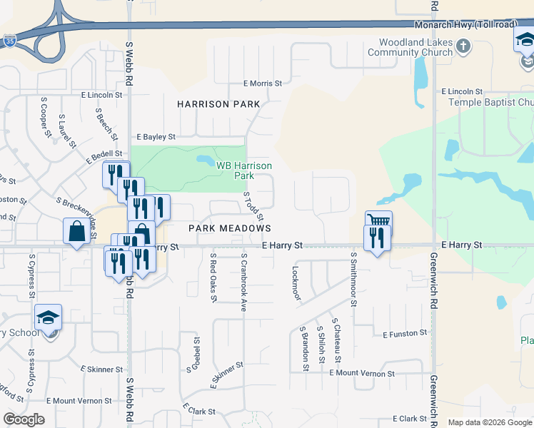 map of restaurants, bars, coffee shops, grocery stores, and more near 1513 South Todd Place in Wichita