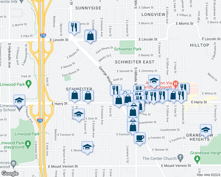 map of restaurants, bars, coffee shops, grocery stores, and more near 1400 S George Washington Dr in Wichita