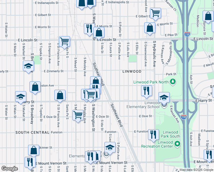 map of restaurants, bars, coffee shops, grocery stores, and more near 1120 East Boston Street in Wichita